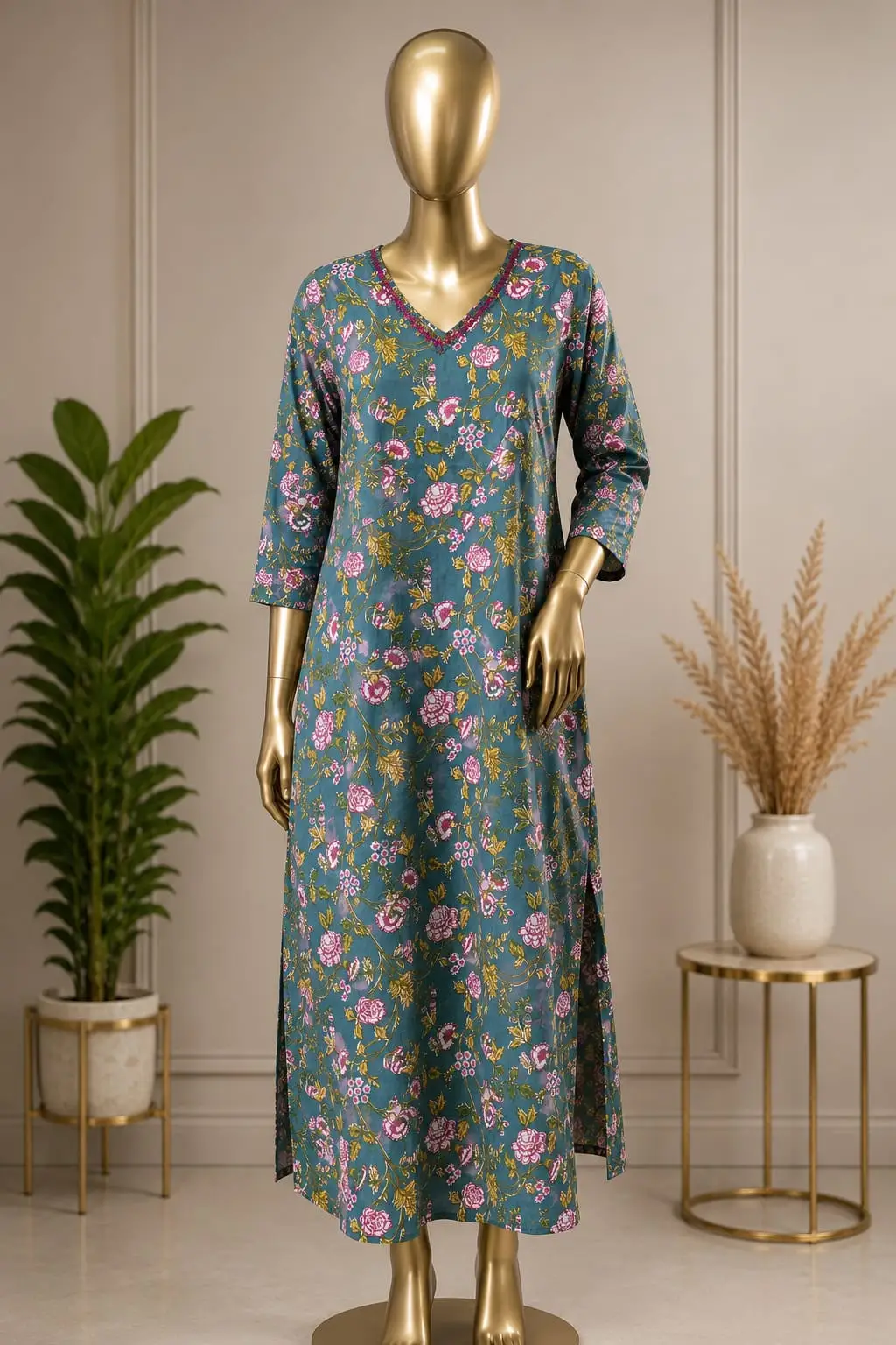 WhatsApp-Image-2026-06-16-at-19.56.30 Women's Teal Blue Floral Printed Straight Kurti - Image 1