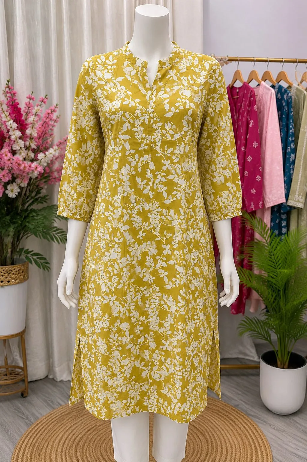 kurti Women's Mustard Yellow Floral Printed Straight Kurti - Image 1