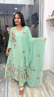 Mint Green Hand-Painted Floral Anarkali Set with Dupatta&with full length lining attached