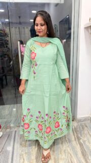 Mint Green Hand-Painted Floral Anarkali Set with Dupatta&with full length lining attached - Image 2